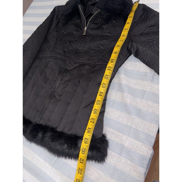 BEBE Coat Genuine Rabbit Fur Trim Down Fill Quilted Jacket Women Small Y2K Black - Picture 6 of 7
